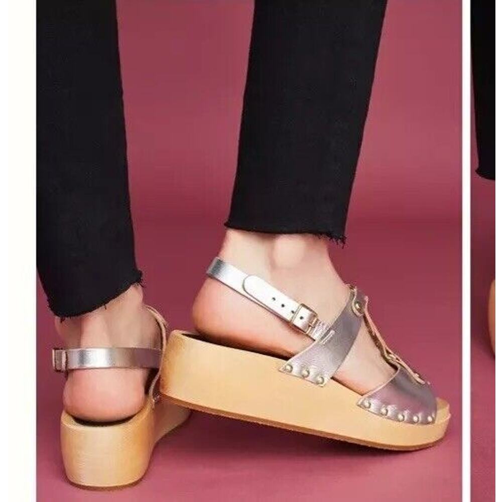 Swedish Hasbeens Rivet Sandal Wedges Leather On Trend Gold EU 39 US Size 8.5